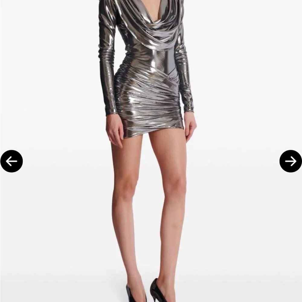 Authentic Balmain Silver Metallic Long Sleeve Dress